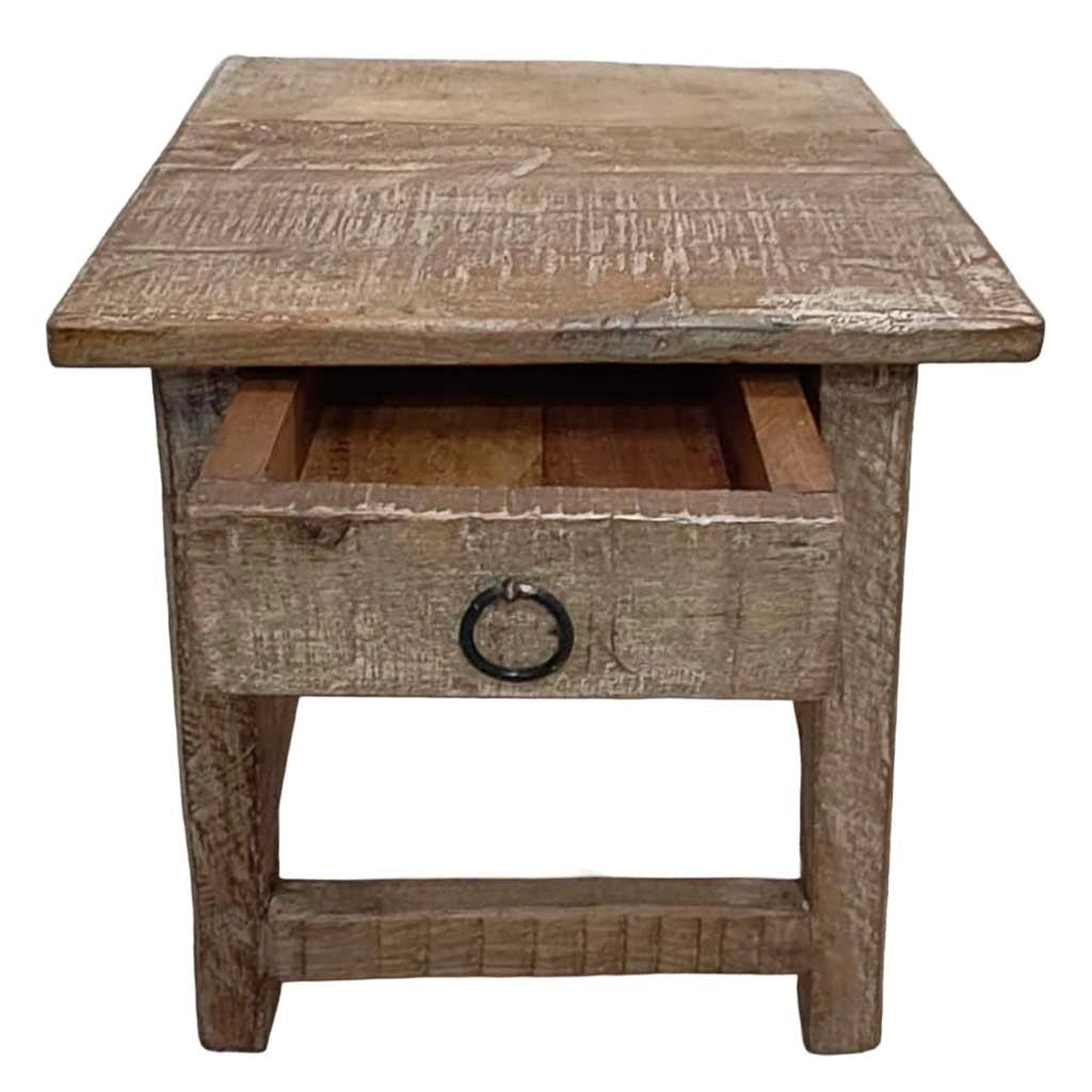 Sgabello con cassetto in legno con finitura artigianale marrone 25x25x29 h cm