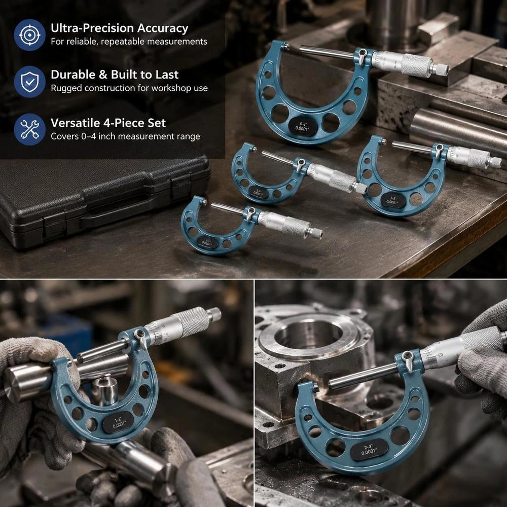 4 PCS Micrometer Set, 0-1"/1-2"/2-3"/3-4" Machinist Outside Micrometer, Ultra-Precision 0.0001 Accuracy, Professional Machinist Tools With Protective Case, For Metalworking & Engineering