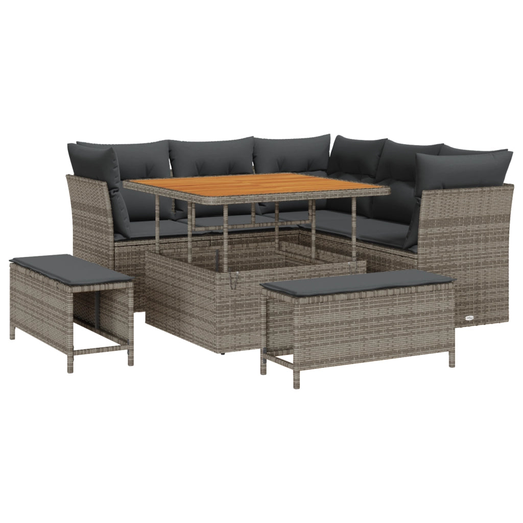 Set di Divani da Giardino 8 Pezzi con Cuscini Grigio Rattan Polietilene Acacia