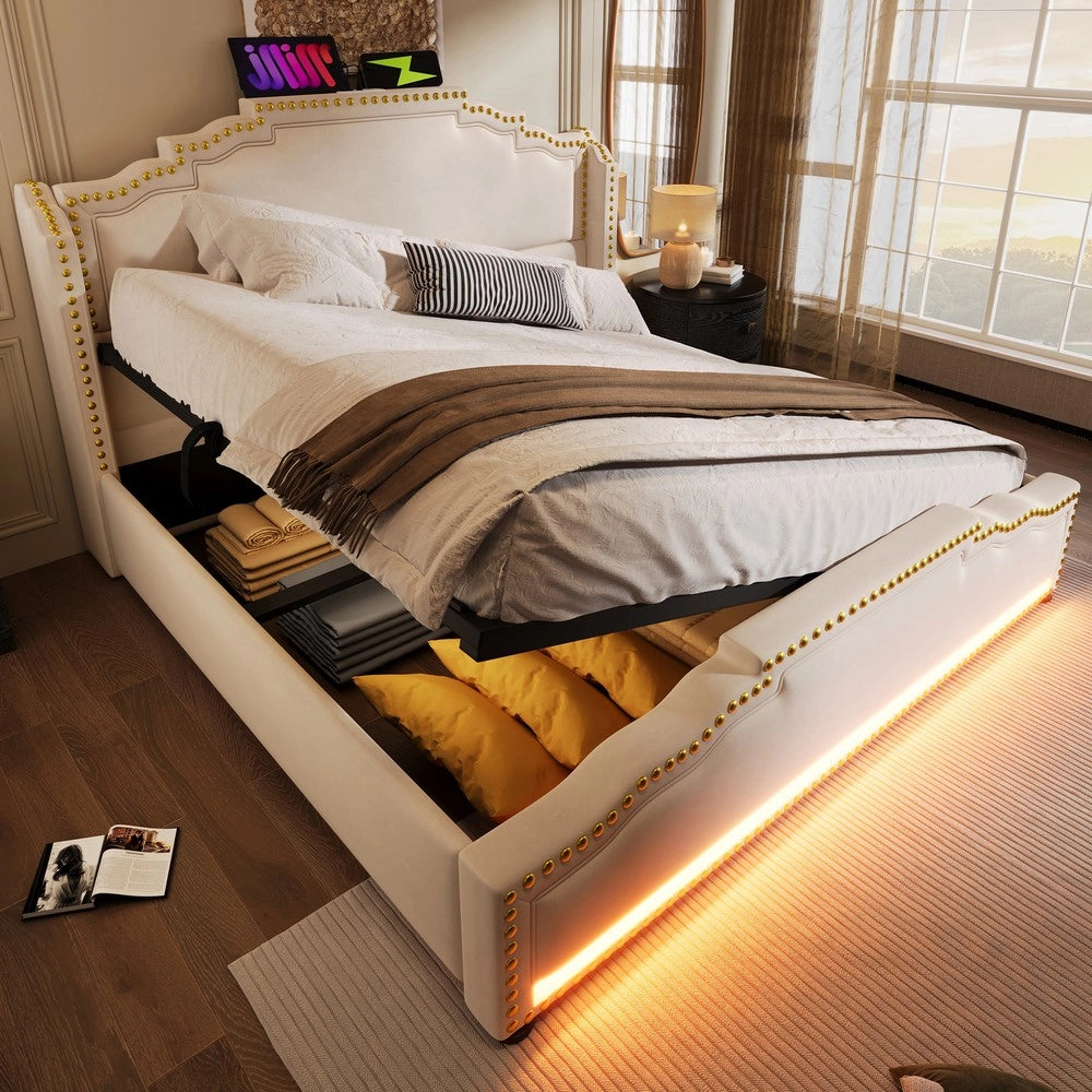 Letto Imbottito Contenitore 140x200 con Materasso ¨C MINIMAL ¨C Velluto Beige, LED, Idraulico, Doghe
