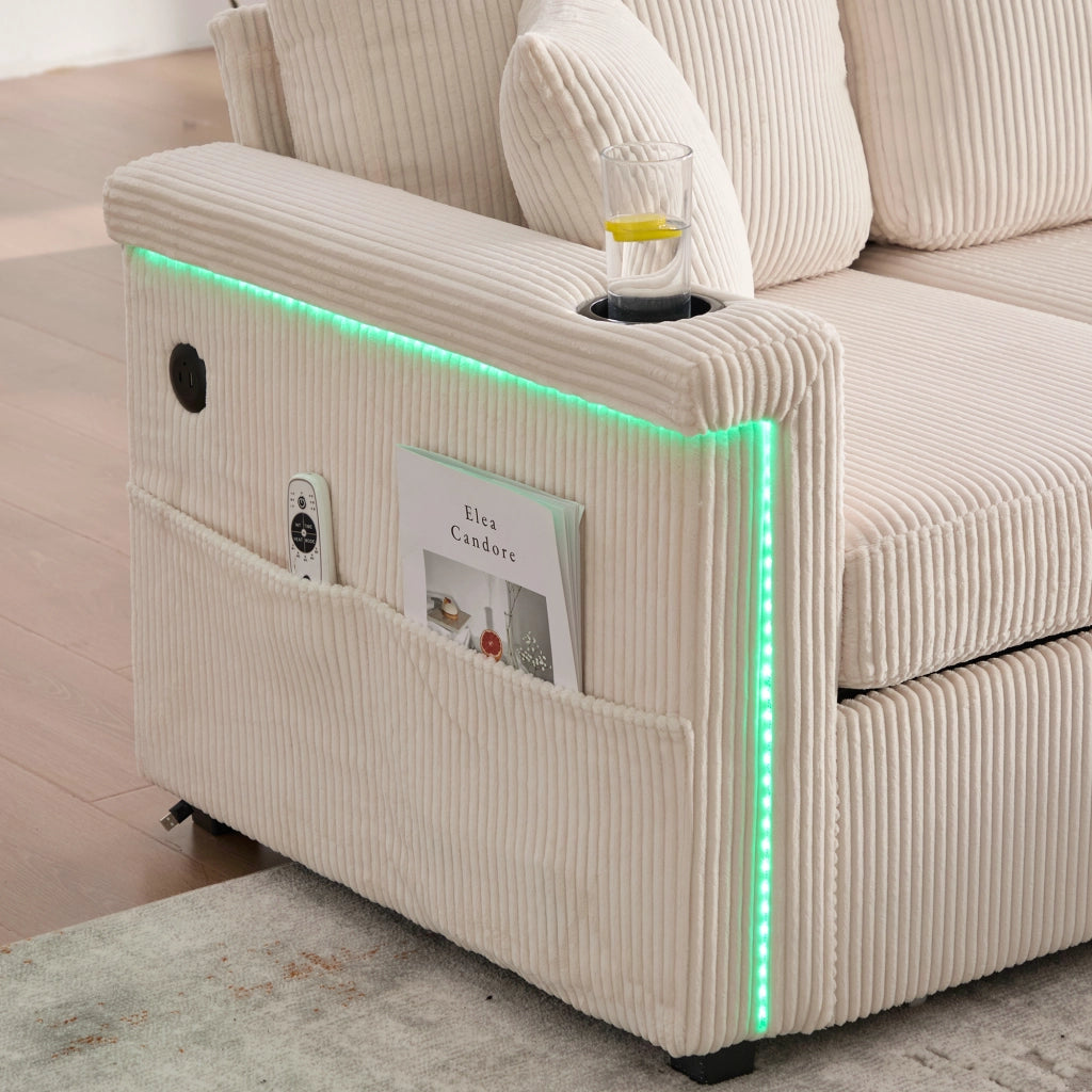 Divano Velluto con Contenitore, Portabicchieri e Luce LED ¨C Xylo ¨C Beige