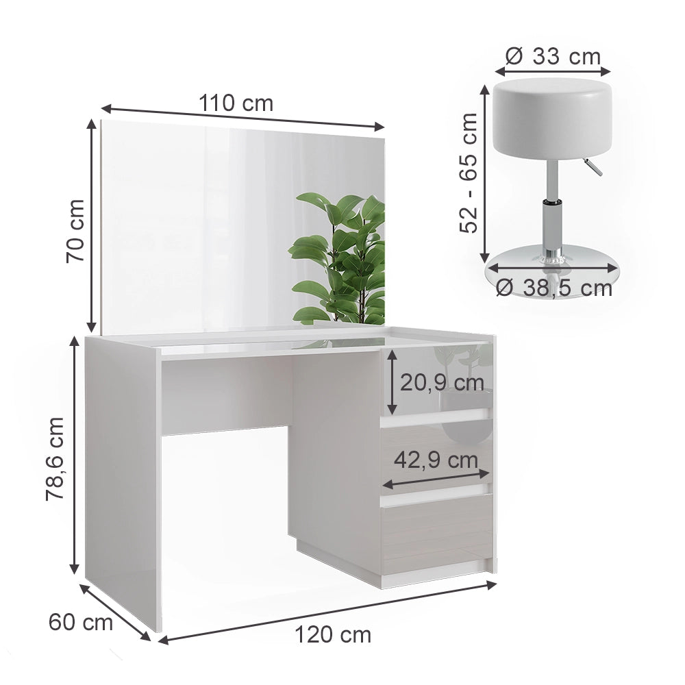 Vicco Tavolino da toilette Bianco lucido 120 cm con specchio e sgabello