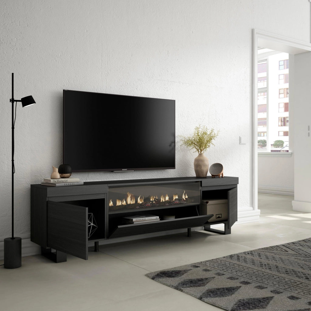 Mobile TV, 200x35x57cm, soggiorno, Per TV fino a 80", Camino elettrico, Design industriale, Nero RF2188