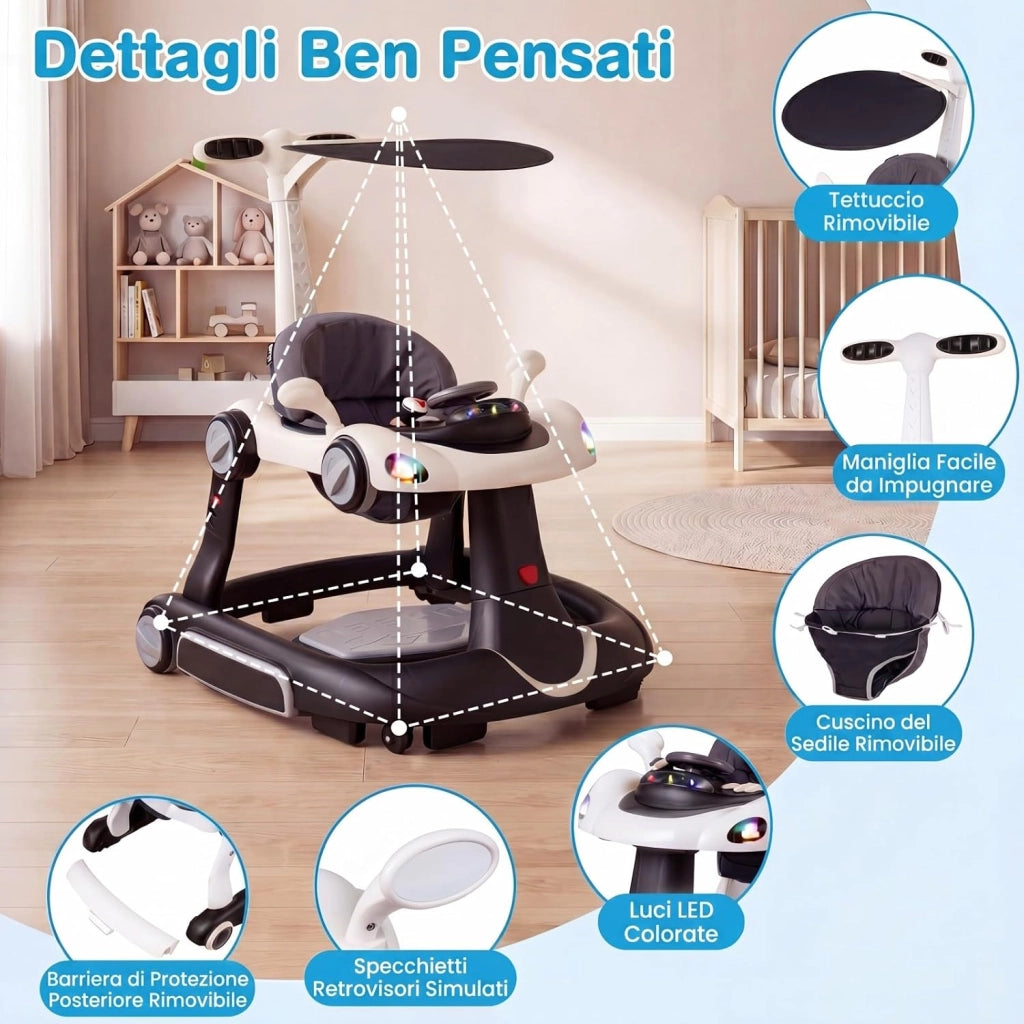 Girello per Bambini 6-in-1 Evolutivo, Centro Attività Pieghevole con Maniglia, Regolazione Altezza/Velocità, con Musica, Luci Tenda, per Neonati 6-18 Mesi (Nero+Bianco)