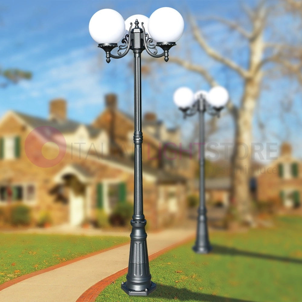 ORIONE ANTRACITE Lampione a 3 luci per Esterno Giardino con sfere globi policarbonato d.25