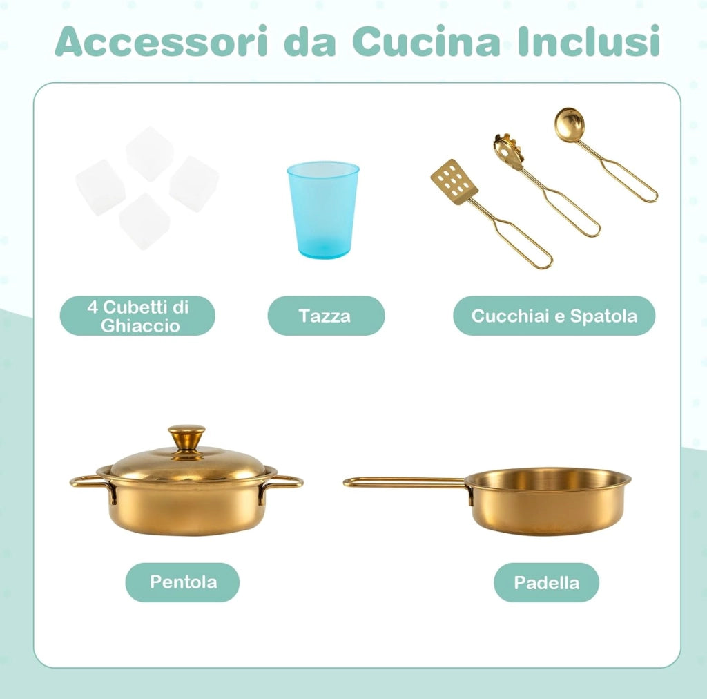 Set da Cucina per Bambini con Lavagna, Telefono, Microonde, Fabbricatore di Ghiaccio, Giocattolo da Cucina in Legno con Accessori e Suoni Simulati per Ragazzi di 3-6 Anni (Verde Menta)