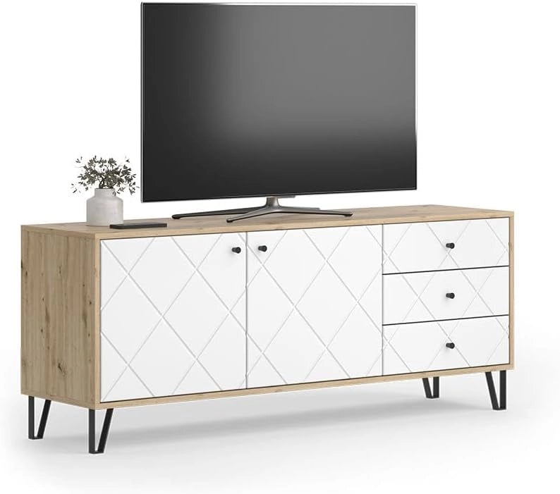 Mobile tv Nizza, Rovere artigianale, 150.2 x 60.2 cm con 3 cassetti e 2 ante, da utilizzare come superficie d'appoggio accanto al letto