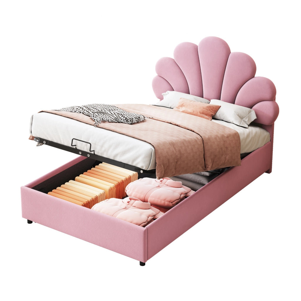 Letto Contenitore Letto Singolo 90×200 cm con Testiera Regolabile e Apertura Idraulica; senza Materasso; Rosa