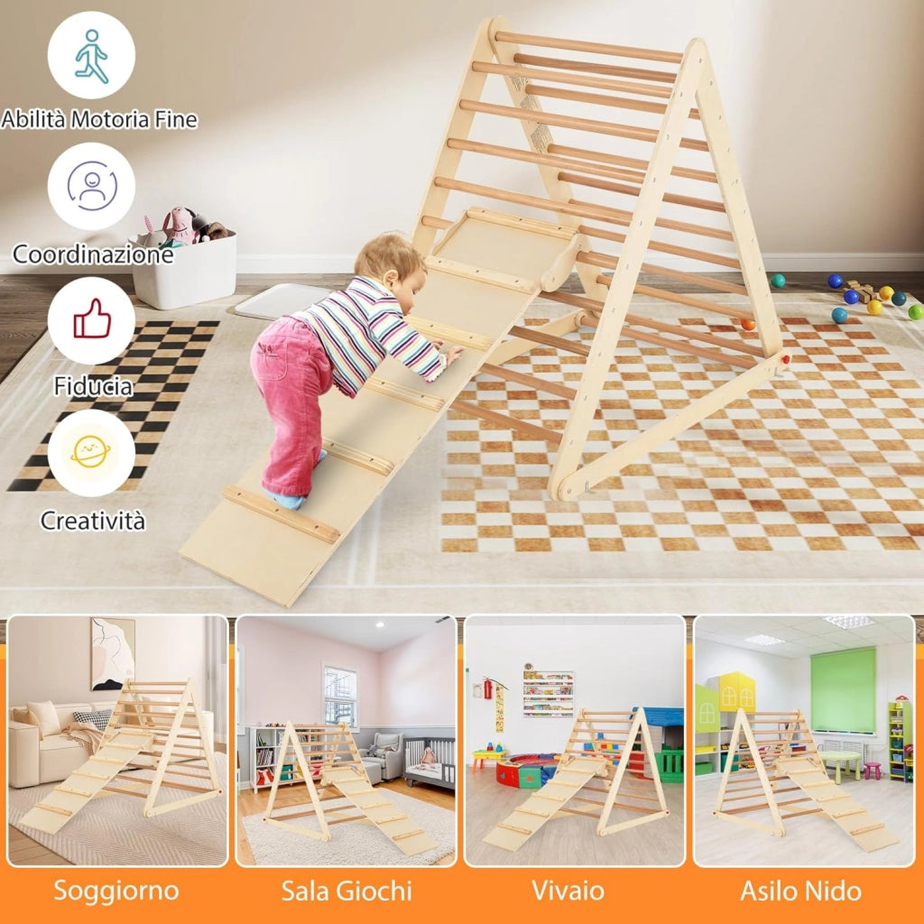 Triangolo a Gradini, Scala Giochi Arrampicata a Triangolo, con Scivolo, Palestra Coperta da Casa, Legno, Ideale per Bambini 3+ Anni (naturale)