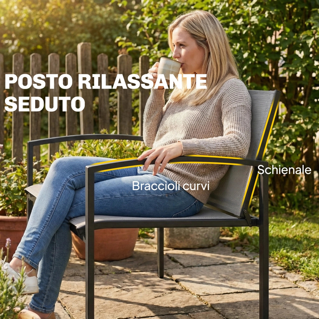 panca da giardino in metallo, 2 posti, tessuto traspirante Texteline, colore grigio.