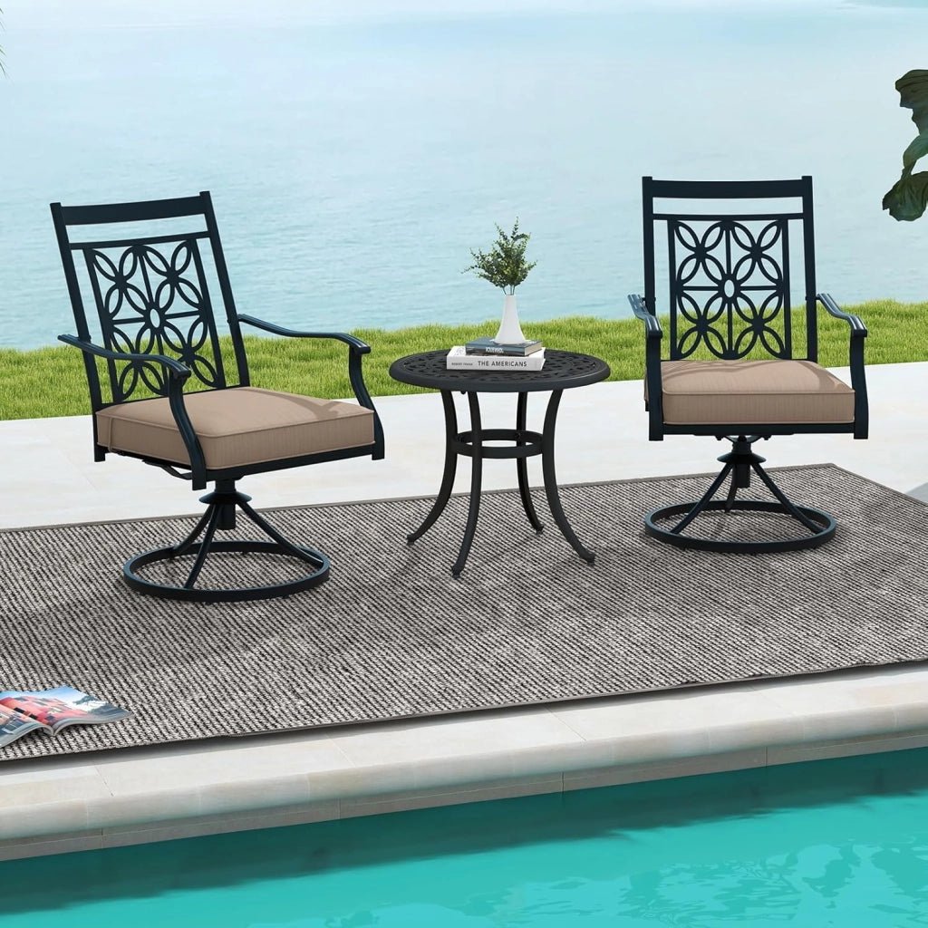 Set di 2 sedie da bistrot girevoli in metallo con braccioli curvi, telaio in metallo robusto e morbido cuscino di seduta, comode sedie da terrazza per giardino, patio, bistrot