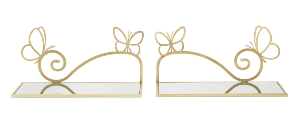 Comodino mensola BUTTERFLY COPPIA 41,5x18x21 cm metallo dorato con vetro