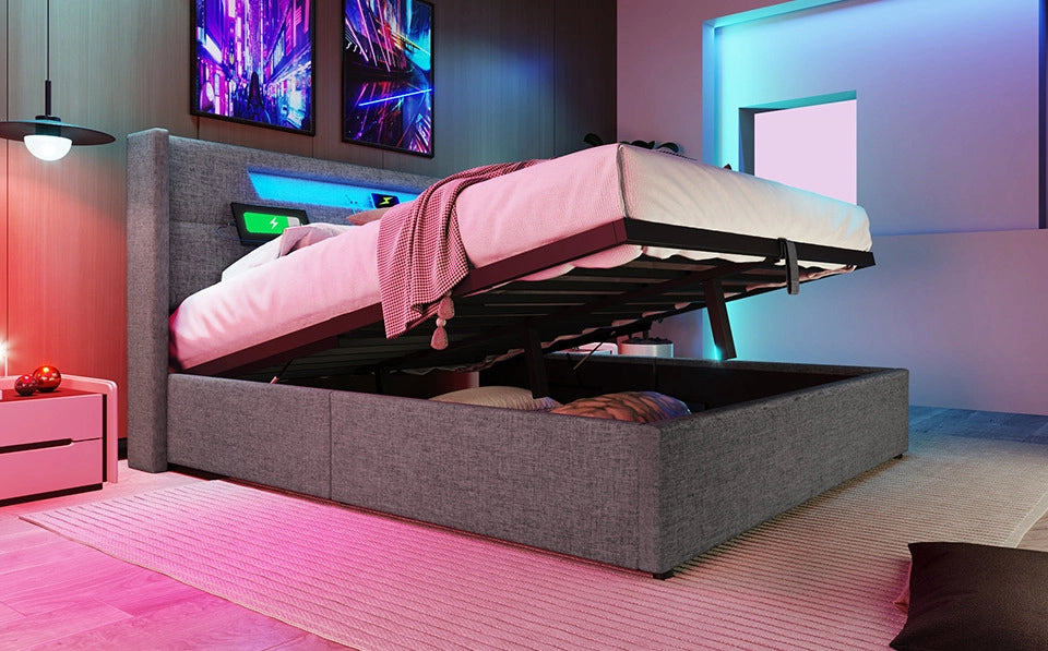 Letto matrimoniale imbottito 140x200 cm con LED, USB Tipo C e tessuto in lino grigio