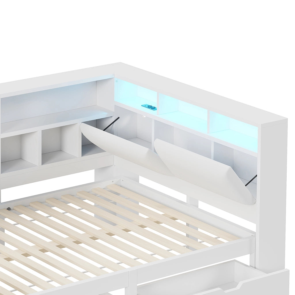 Letto combinato 140 × 200 cm con scrivania, libreria, cassetti, LED e USB, senza materasso, bianco