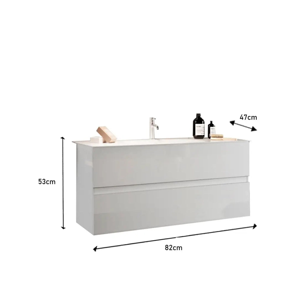 Mobile da bagno sospeso con 1 lavabo e 2 cassetti, lunghezza 82 cm, collezione VIENNA. Colore bianco lucido.