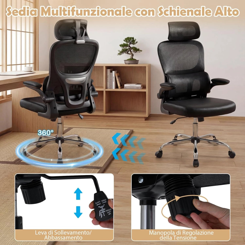 Sedia da Ufficio Ergonomica, Sedia da Scrivania Computer, Poggiatesta e Supporto Lombare, Regolabile in Altezza, Portata 120 kg, Nero