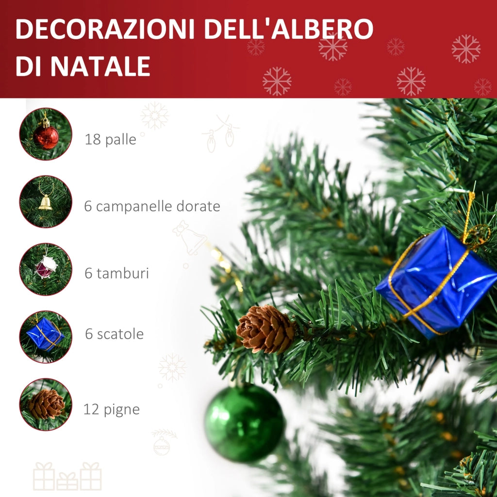 Albero di Natale Artificiale 180 cm Palline e Decorazioni in PVC Ferro
