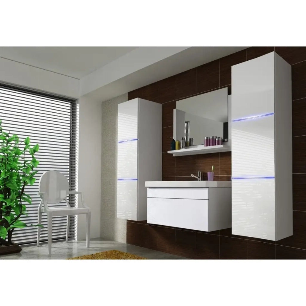 Mobile sottolavabo sospeso 80cm collezione RAVEN, colore bianco opaco e lucido, con lavabo e sifone incluso.