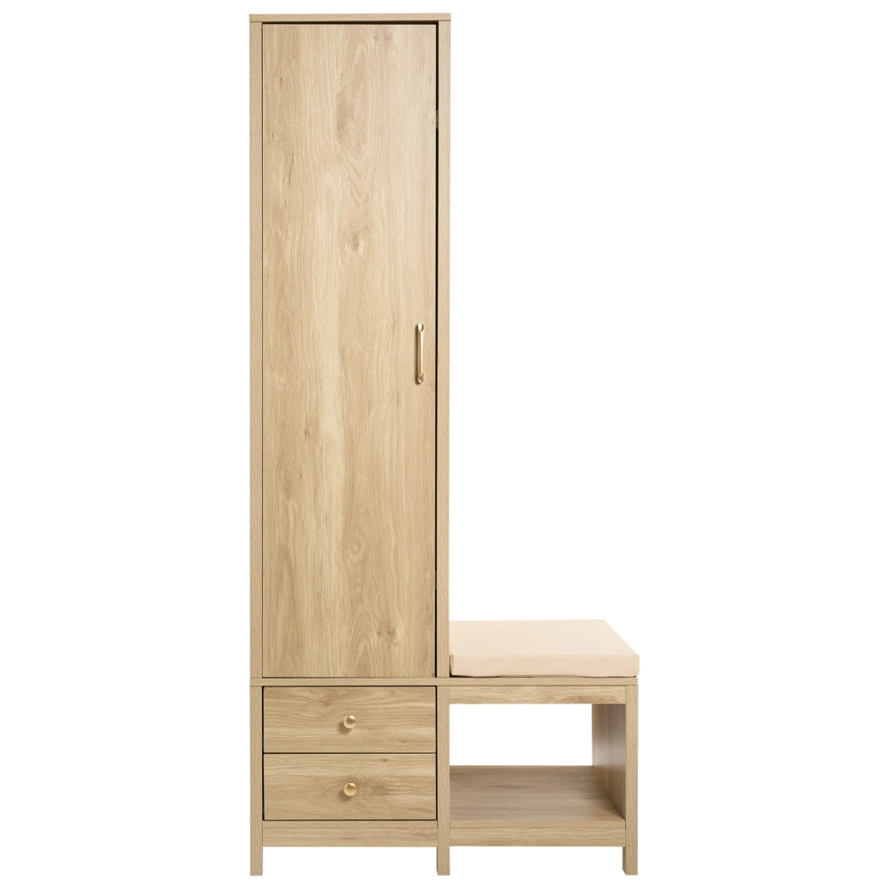 Mobile da Ingresso Alto con Seduta, Appendiabiti, 2 Cassetti e Ripiani a Vista in Truciolato e MDF Color Rovere Chiaro