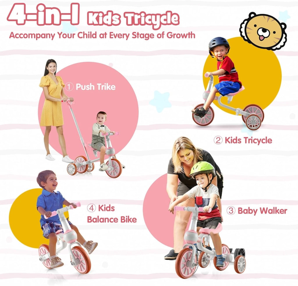 4 in 1 Triciclo Evolutivo per Bambini, Bicicletta Bambini con Manico a Spinta Regolabile in 4 Posizioni, Sellino in 2 Posizioni, Pedali Rimovibili, per Bambini e Bambine da 1 Anno + (Rosa)