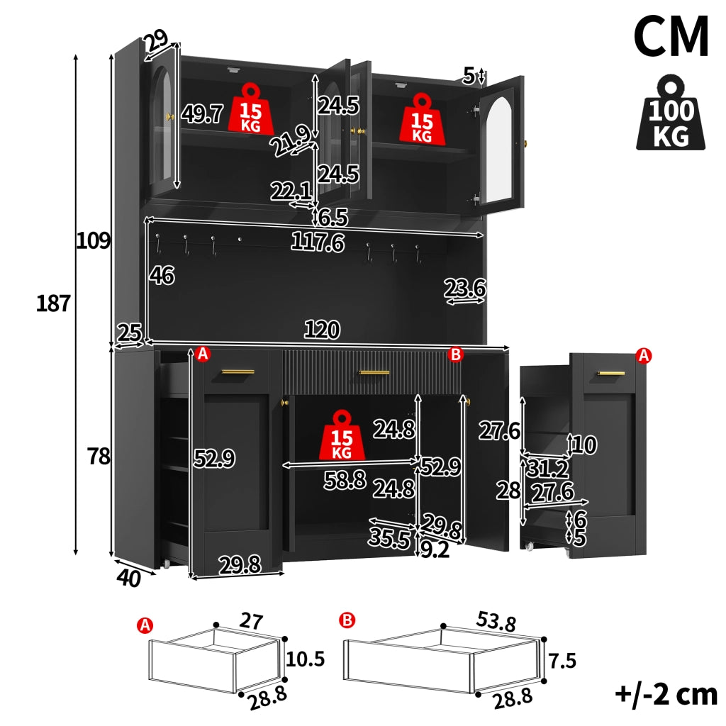 Credenza alta da cucina con LED RGB e app, 3 vetrine, cassetti e ripiani estraibili, nero, 120 × 40 × 187 cm