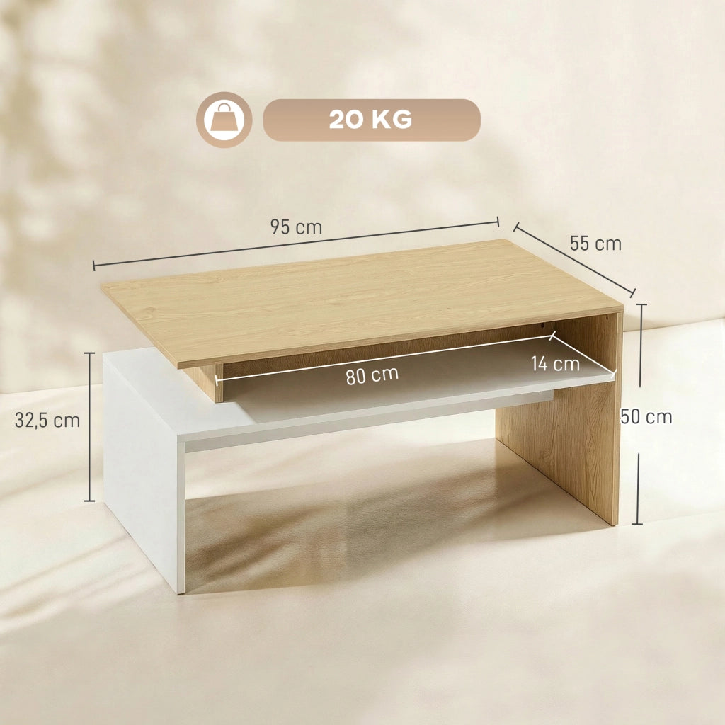 Tavolino da caff¨¨ con cassetto ¨C Zephmum ¨C 95x55x50 cm, naturale e bianco