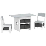 Set Tavolo e Sedie per Bambini 3-8 Anni con 6 Cassetti e Bordi Arrotondati, in Legno e Tessuto, Grigio e Bianco