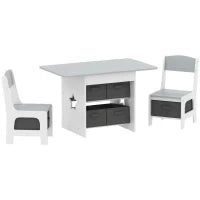 Set Tavolo e Sedie per Bambini 3-8 Anni con 6 Cassetti e Bordi Arrotondati, in Legno e Tessuto, Grigio e Bianco