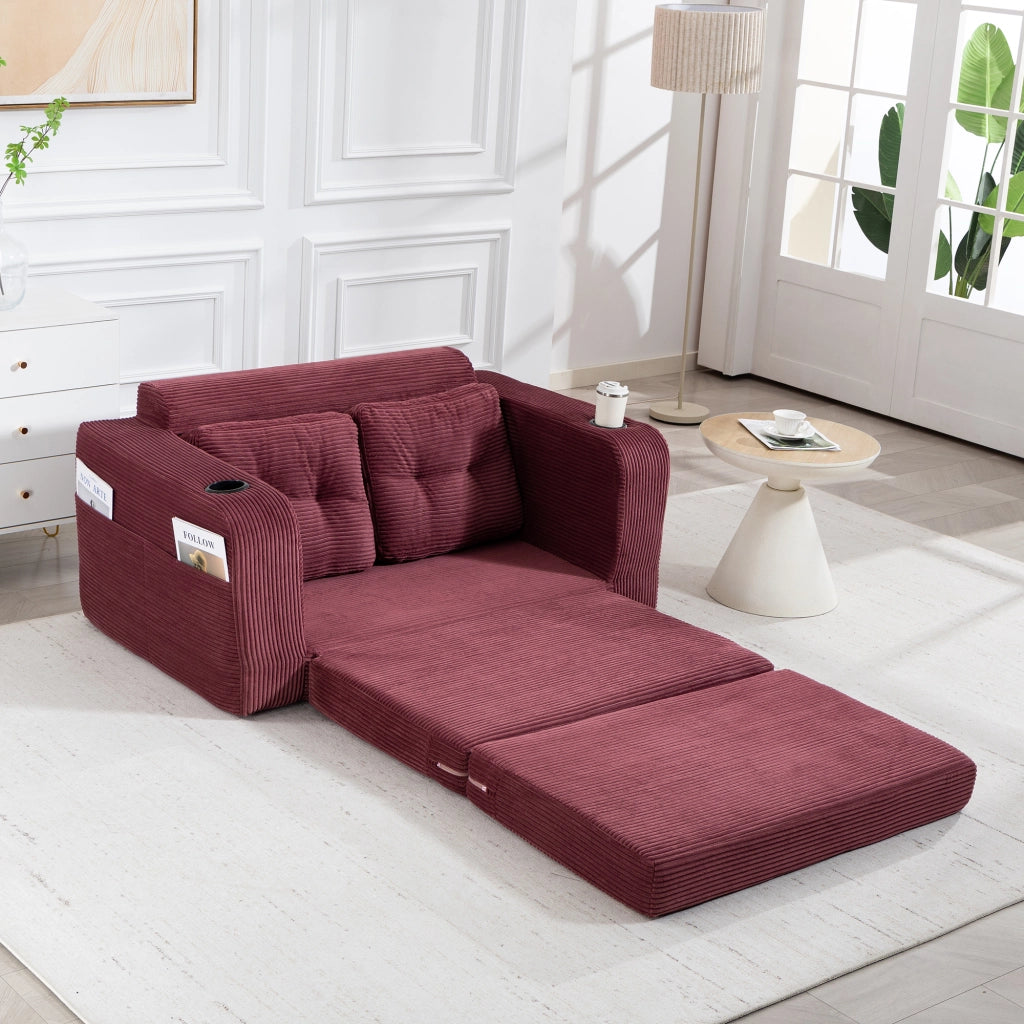 Divano modulare a 2 posti in velluto a coste con portabicchieri e tasche laterali; per soggiorno; 136 × 80 × 82.5 cm