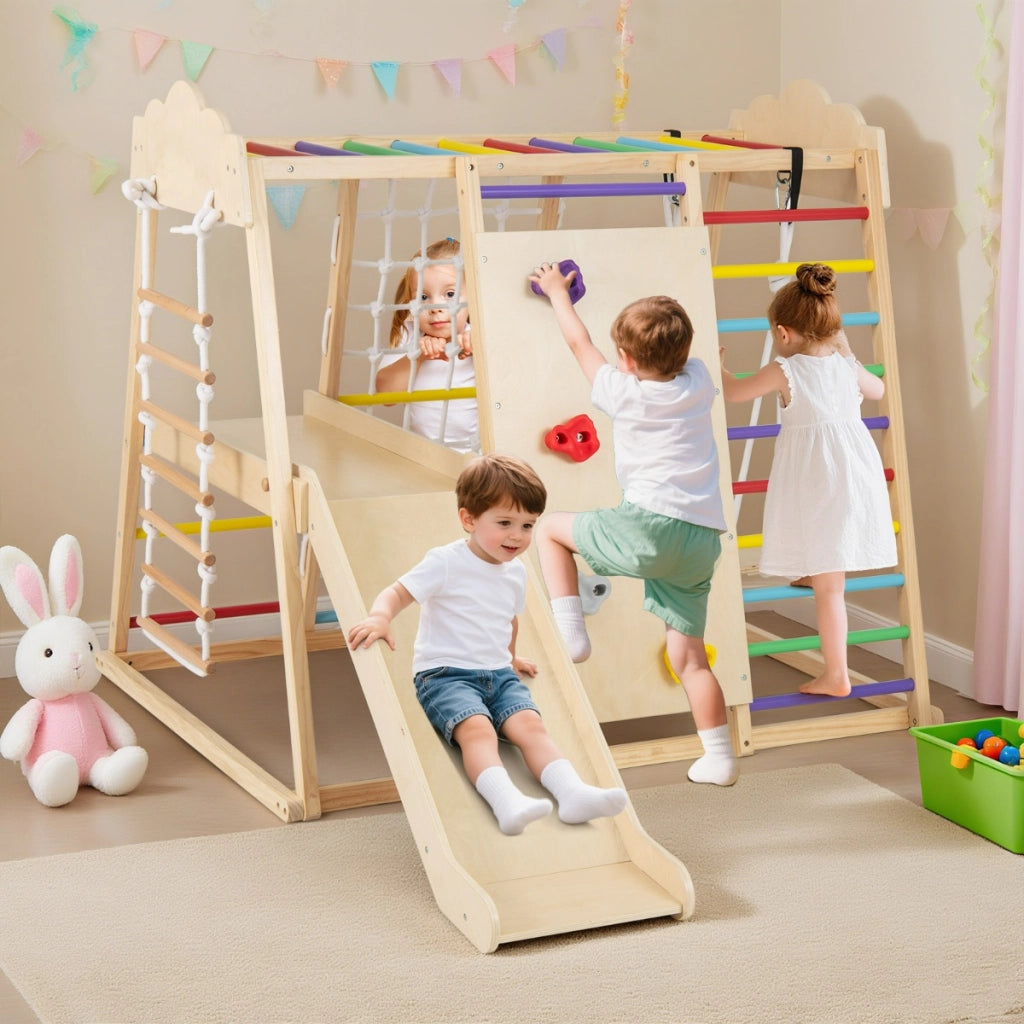 Palestra da interno 8-in-1 con scivolo rimovibile, Giocattoli da arrampicata in legno per bambini 3+ anni Multicolore-Arrampicate e scivoli