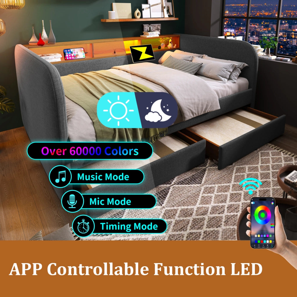 Letto imbottito con 2 cassetti; testiera con LED e USB-C; 140x190 cm; grigio