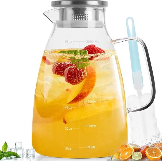 Kan da 2L con coperchio - caraffe e vasi con decorazioni - caraffa per tè con maniglia - caraffa in vetro borosilicato termoresistente - caraffa per bevande - inclusa spazzola