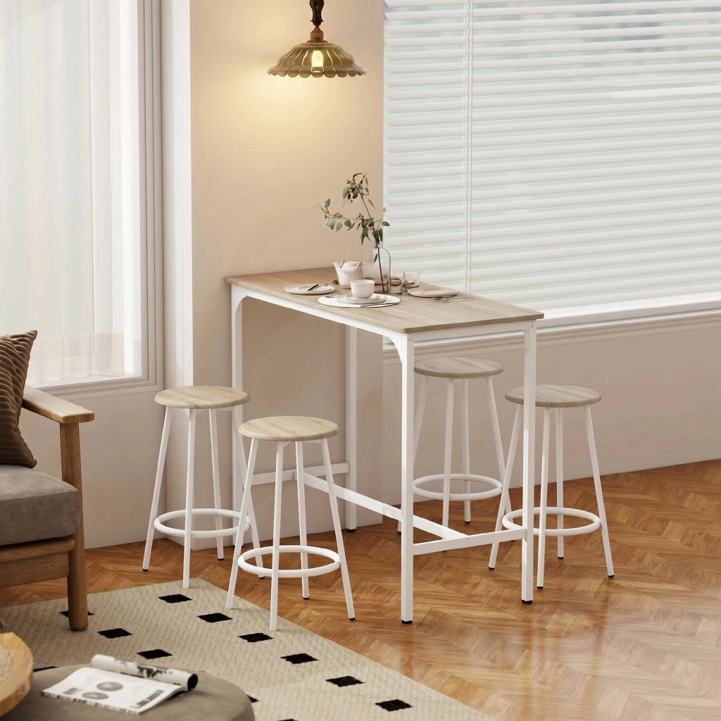 Set da Pranzo 5 Pezzi con Bancone da Bar 110x50x89,5 cm e Sgabelli Ø30x60,5 cm in Legno e Metallo Color Legno