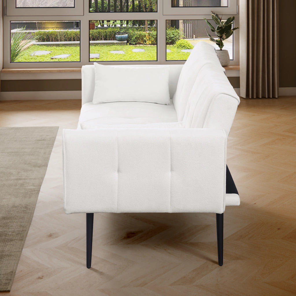 Divano letto futon convertibile con struttura in legno e piedini in metallo per salotto in tessuto a coste beige