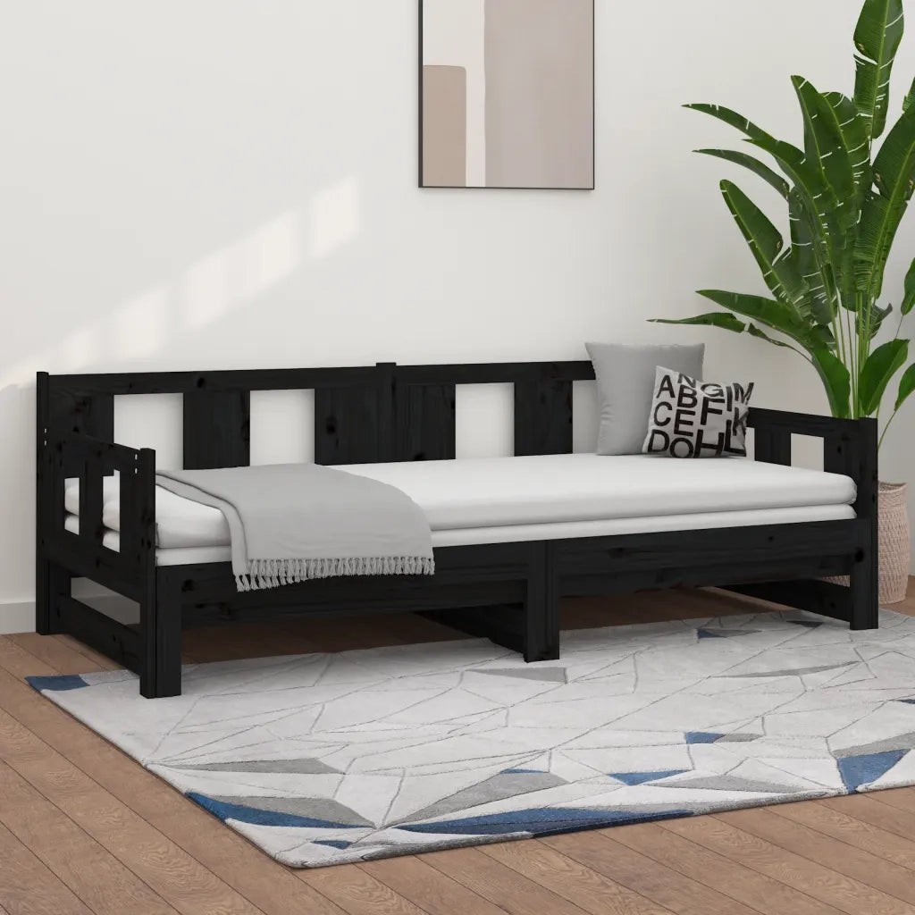Letto singolo | Letto per adulti | Dormeuse Estraibile Nera in Legno Massello di Pino 2x(90x190)cm