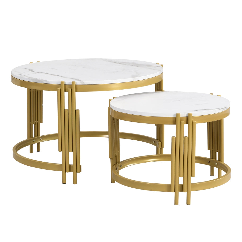 Set di tavolini da caff¨¨ modulari effetto marmo con struttura in metallo color ottone antico, 2 pezzi