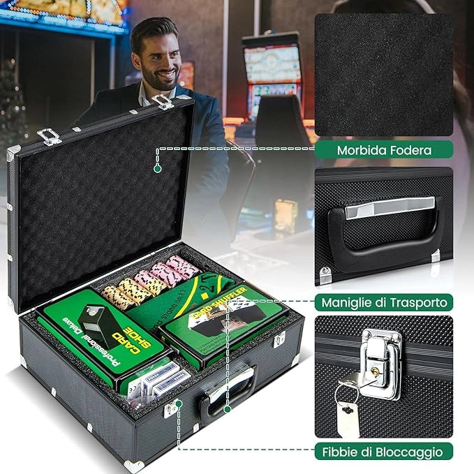 Set di Fiches da Poker con 300/600 Fiches, 2/6 Mazzi di Carte 5 Dadi Mescolatore Automatico di Carte e Tappeto, Scatola Portatile, Poker Chips per Party Viaggi e Feste (300 PCS)