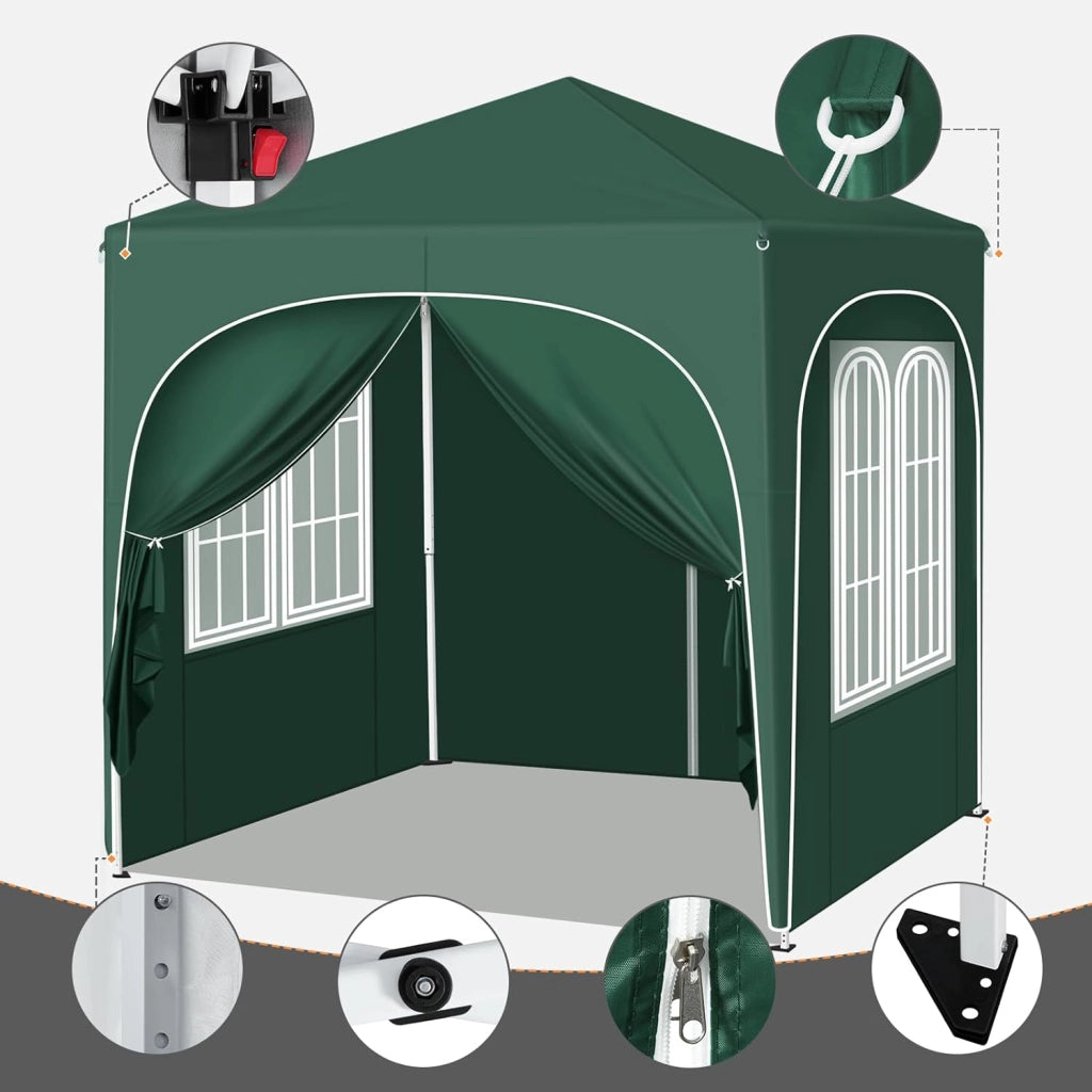 Gazebo Pieghevole 2x2m con 4 Pareti Rimovibili - Protezione Solare UPF 50+, Struttura Metallica Anti-Vento, 3 Regolazioni Altezza, Tendone da Giardino/Campeggio/Spiaggia - Verde