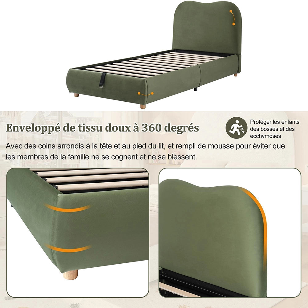 Letto imbottito-Xylo-90x200cm idraulico spazio ripiano velluto verde