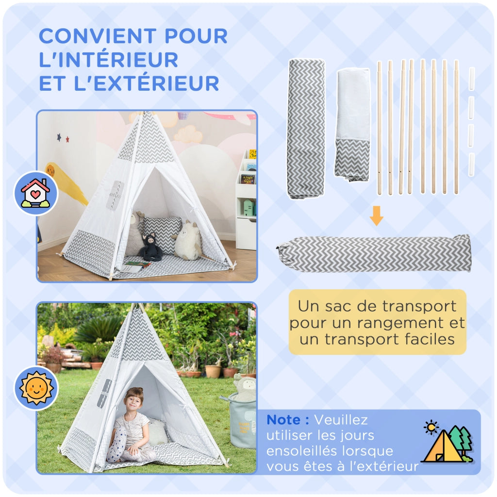 Tenda da gioco per bambini teepee indiano ¨C zephmum ¨C grigio bianco 120x120x155 cm