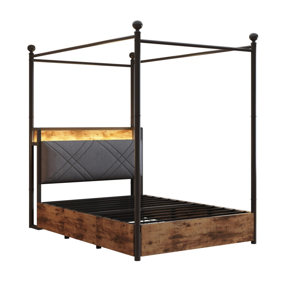 Letto singolo a baldacchino ULEVR 90x190 cm con LED, prese USB e Type-C, 2 cesti laterali