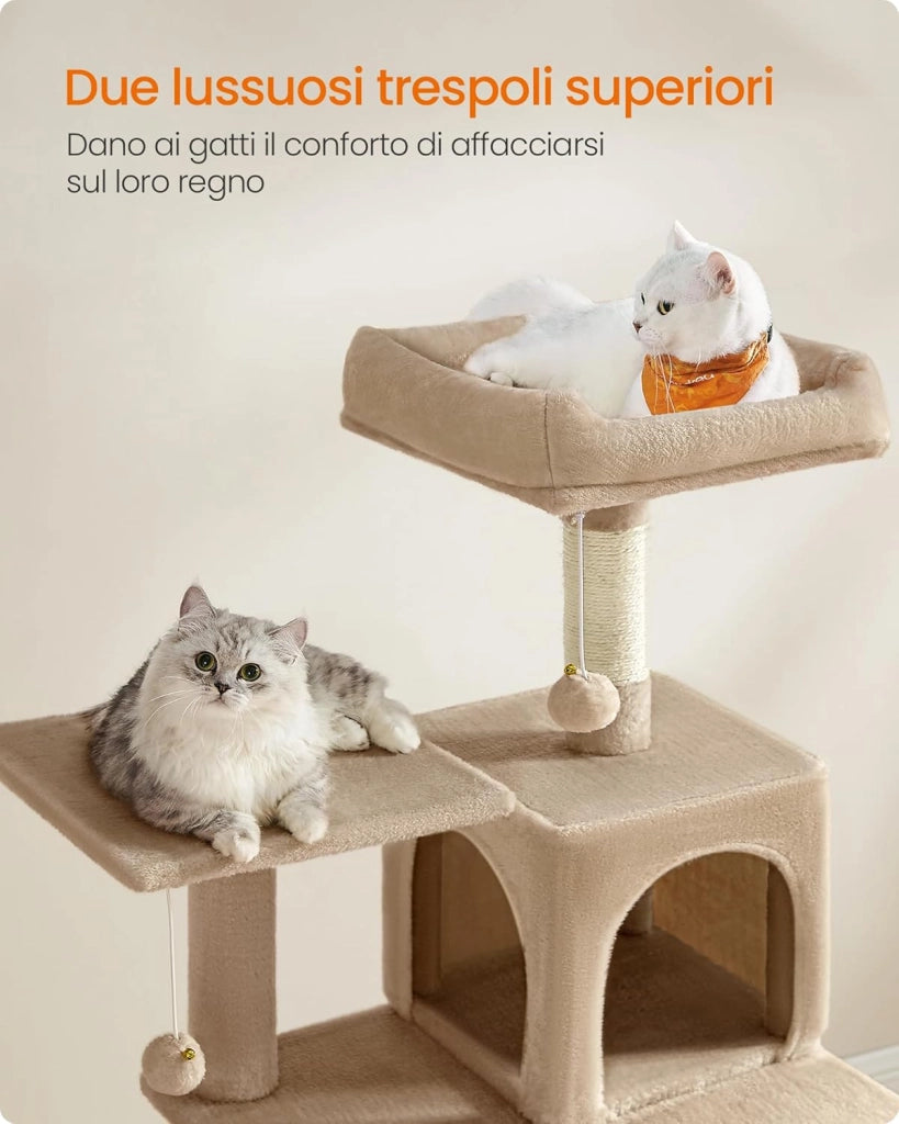 Feandrea Albero per Gatti Alto 143 cm, Tiragraffi per Gatti, con 4 Pali Graffiatoi, 2 Posatoi, 1 Grotta, 1 Amaca, 2 Pompon, in Peluche a Più Livelli, Marrone Cammello PCT161K01