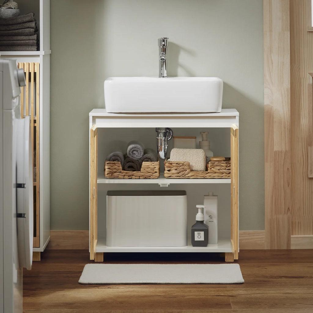 Mobile Sottolavabo Con Due Ante In Bambù Mobile Base Mobiletto Del Bagno Senza Lavandino Bianco-Naturale 60x33x60cm BZR125-W SoBuy