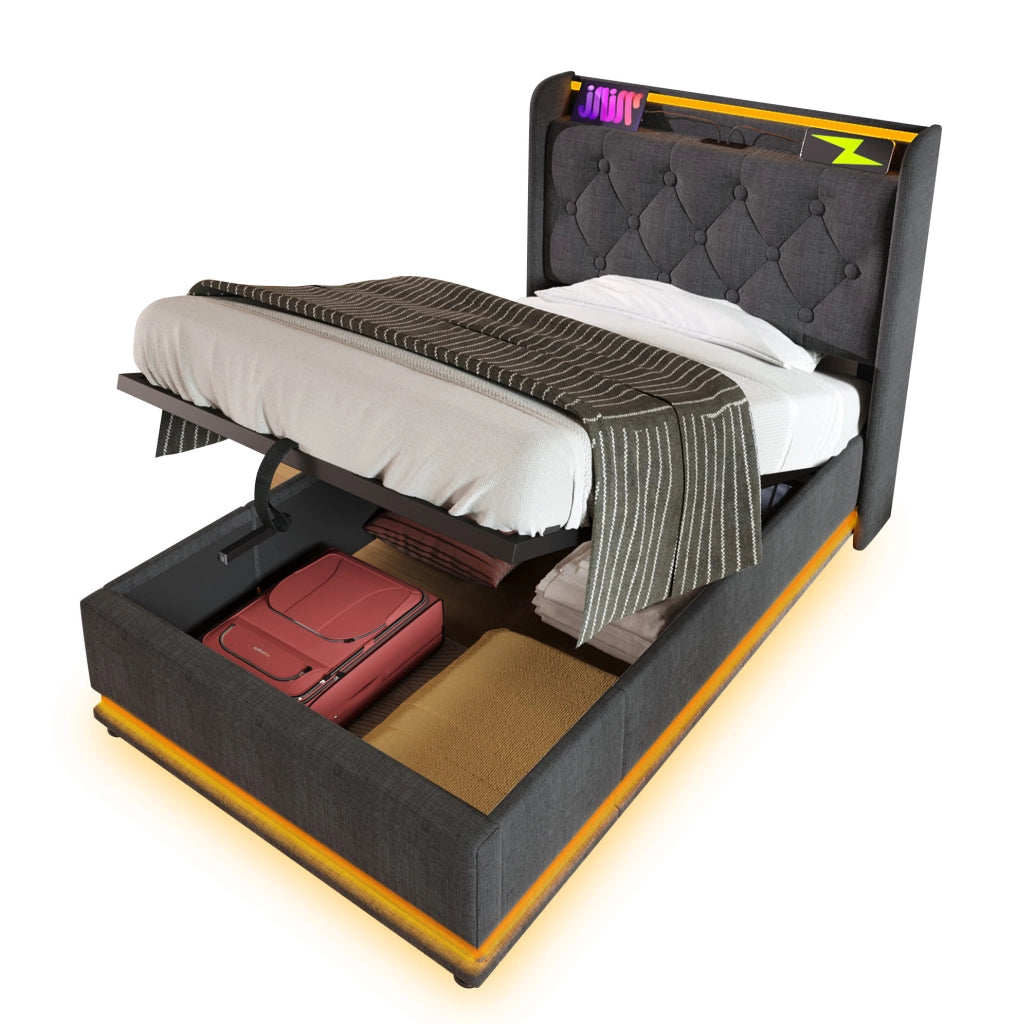 Letto imbottito singolo 90x200 cm con LED; USB Type-C e contenitore; tessuto lino grigio
