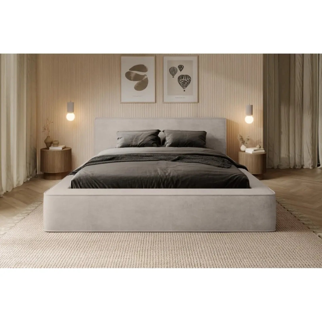 Letto contenitore VELORA – Sabbia – 180x200 cm – Tessuto velluto morbido – Rete sollevabile – Contenitore integrato