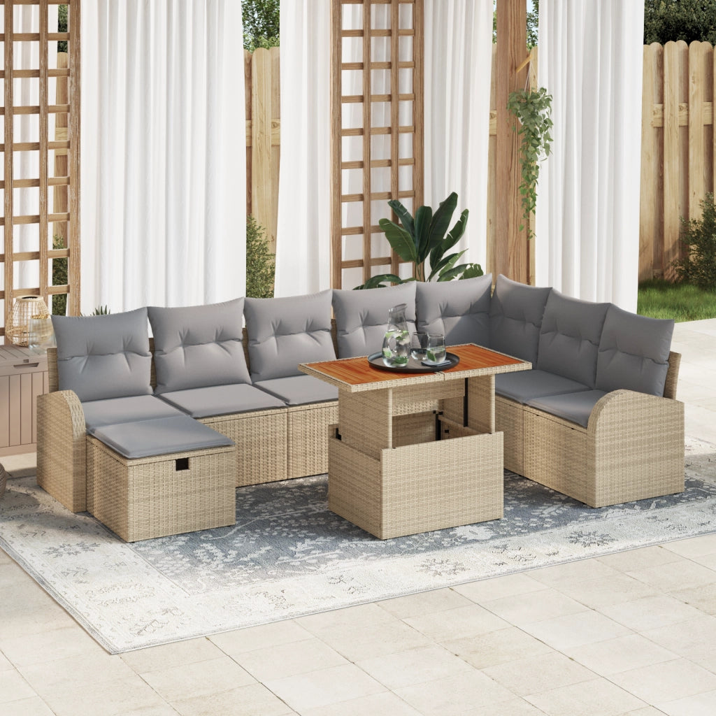 Set Divano da Giardino 9 Pezzi con Cuscini Beige Rattan Polietilene