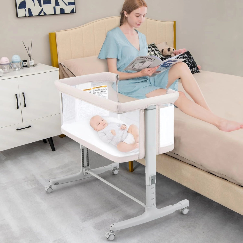 3 in 1 Culla Neonato Fianco Letto, Lettino Neonato Dondolo con Materasso, Culla Co-Sleeping Fino a 9 kg, Altezza Regolabili, 84 x 59,5 x 80,5cm (Beige)