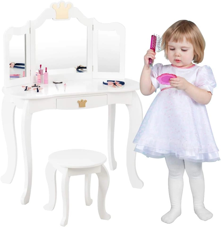 Toeletta da Trucco per Bambini, 2 in 1 Giocattolo da Trucco, Tavolo e Sgabello, con Cassetto, Specchio Rimovibile, Design Principessa, Consigliata per Ragazze 3-7 Anni, Rosa/Bianco