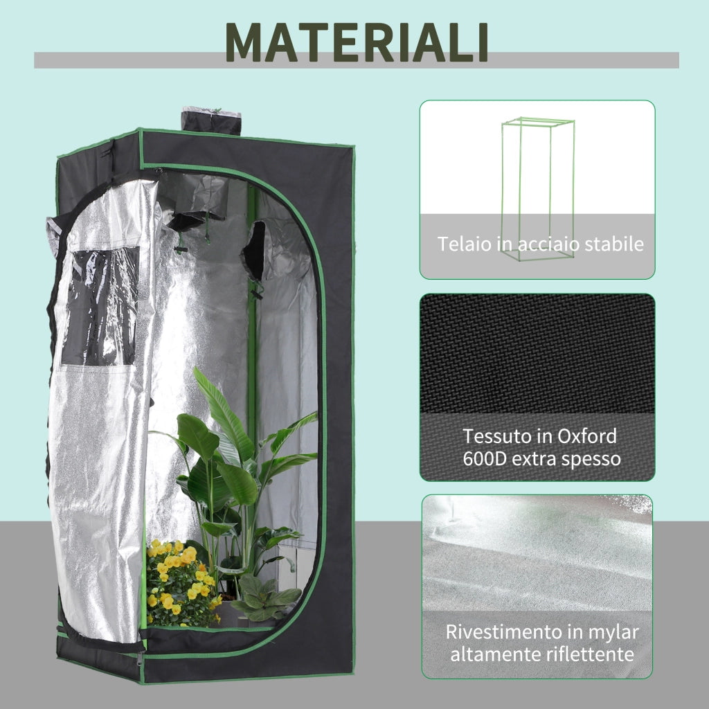 Tenda Idroponica in Oxford 600D ¨C zephmum ¨C 60x60x140 cm, Nero, 3 Prese d'Aria, Finestra, Foro Cavi