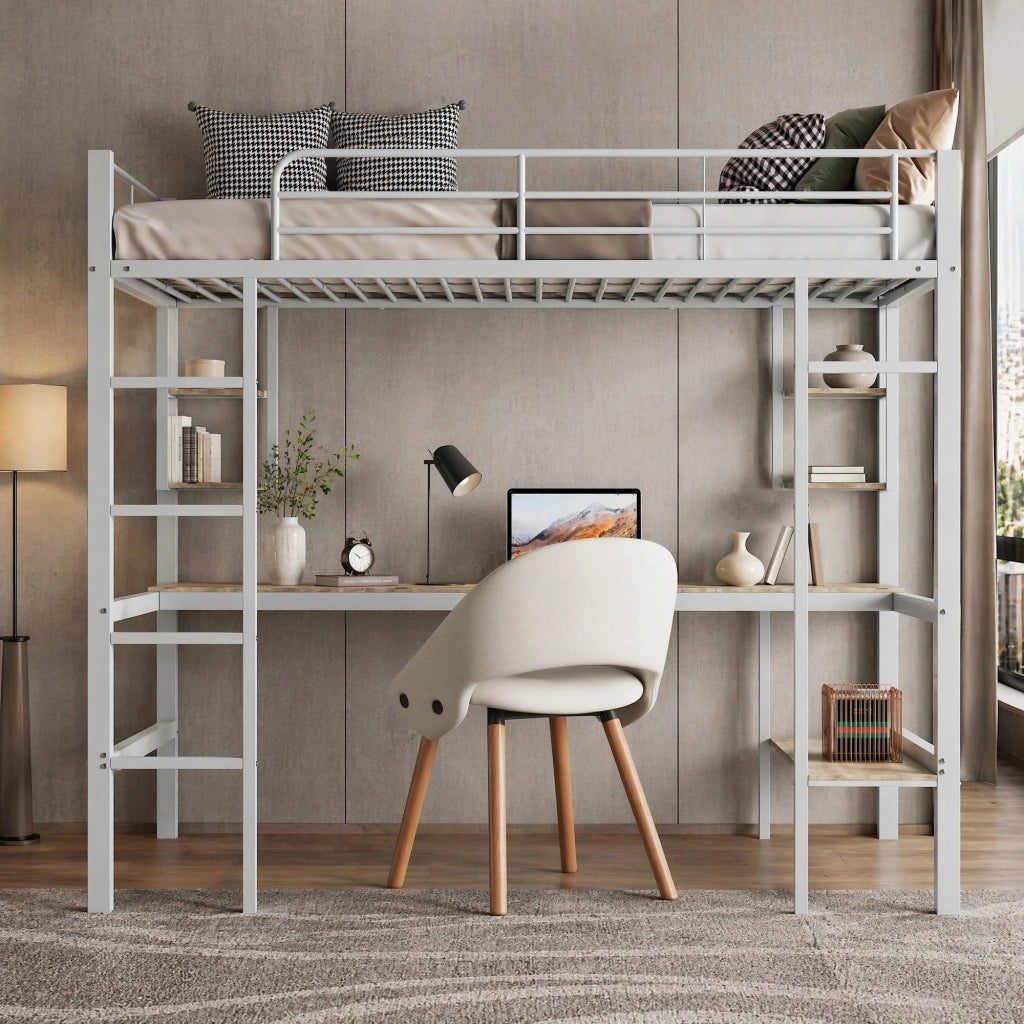 Letto a soppalco 90x200 cm con scrivania, libreria e ripiani, struttura in metallo bianco